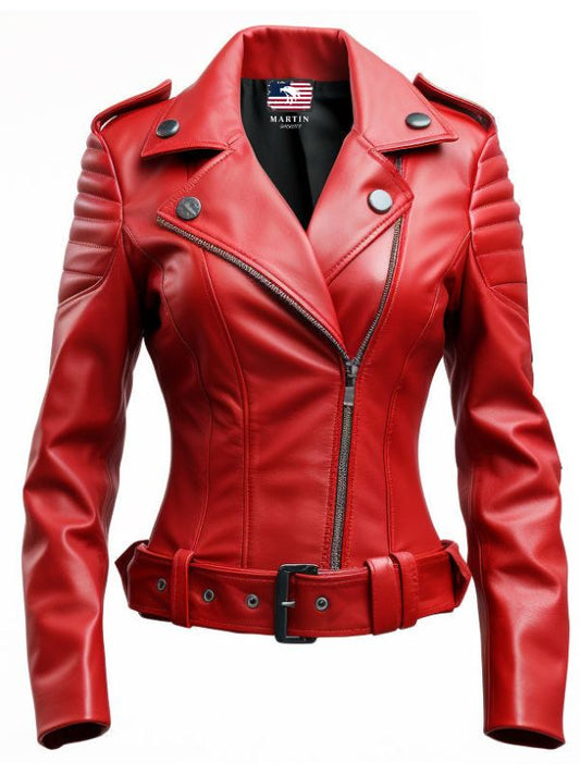 Women Slimfit Red Leather Jacket