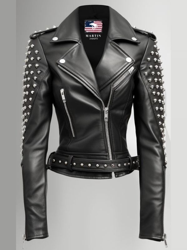 Women Studs Black Vintage Leather Jacket