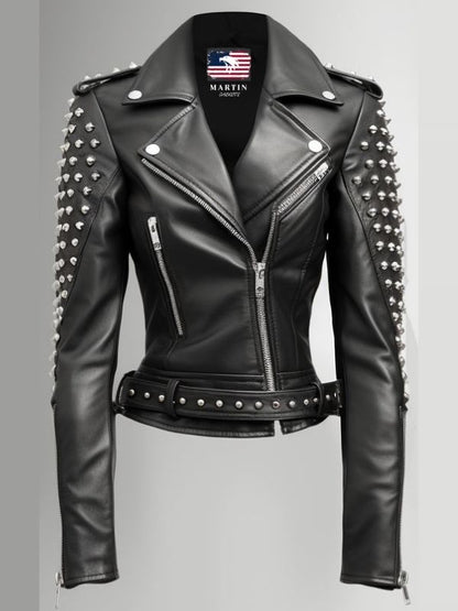 Women Studs Black Vintage Leather Jacket