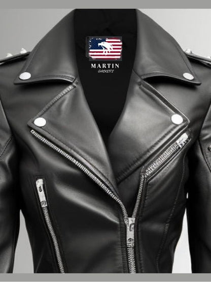 Women Studs Black Vintage Leather Jacket