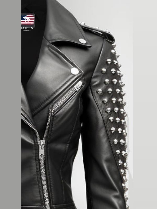 Women Studs Black Vintage Leather Jacket