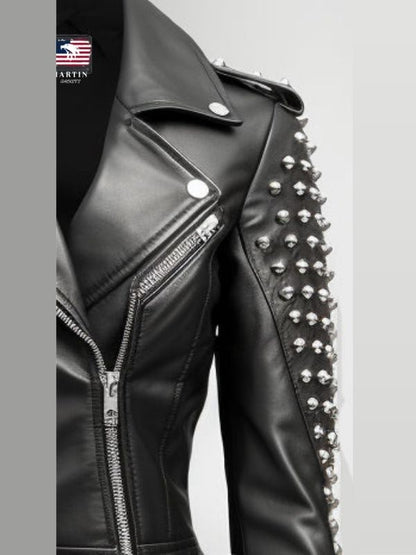 Women Studs Black Vintage Leather Jacket