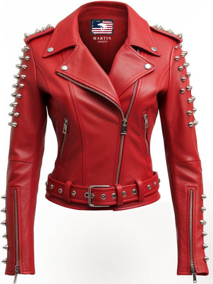 Women Studs Red Leather Jacket