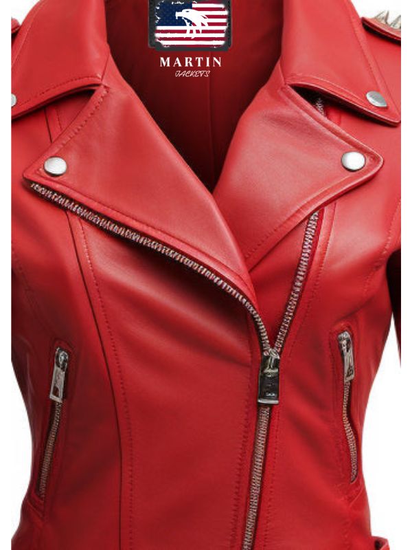 Women Studs Red Leather Jacket
