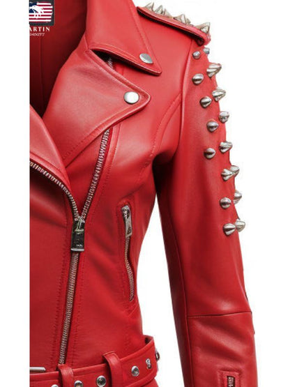 Women Studs Red Leather Jacket