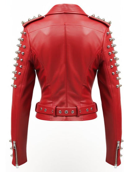 Women Studs Red Leather Jacket