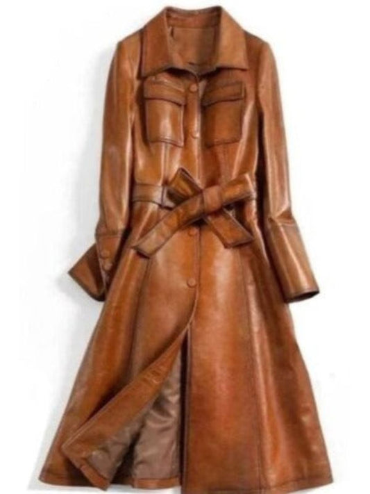 Women Stylish Italian Brown Waxed Leather Coat