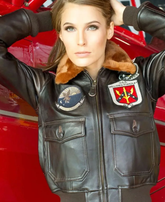 Women Top Gun Flight Bomber Shearling Leather Jacket - RECREATED EDITION