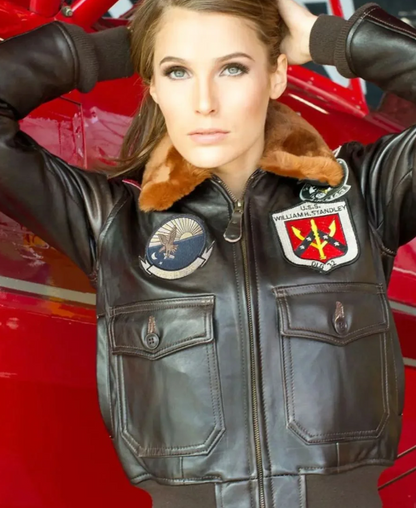 Women Top Gun Flight Bomber Shearling Leather Jacket - RECREATED EDITION