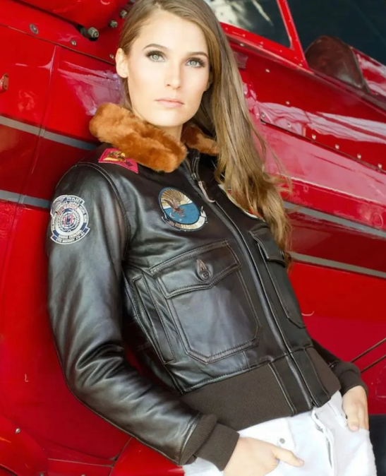 Women Top Gun Flight Bomber Shearling Leather Jacket - RECREATED EDITION