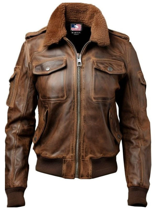 Women Vintage Leather Jacket - Distressed Brown Bomber Jacket