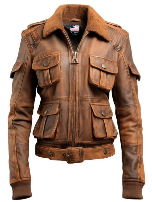 Women Brown Bomber Leather Jacket Distressed