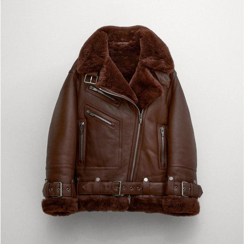 Women’s Brown Aviator Styled Sheepskin Shearling Leather Jacket
