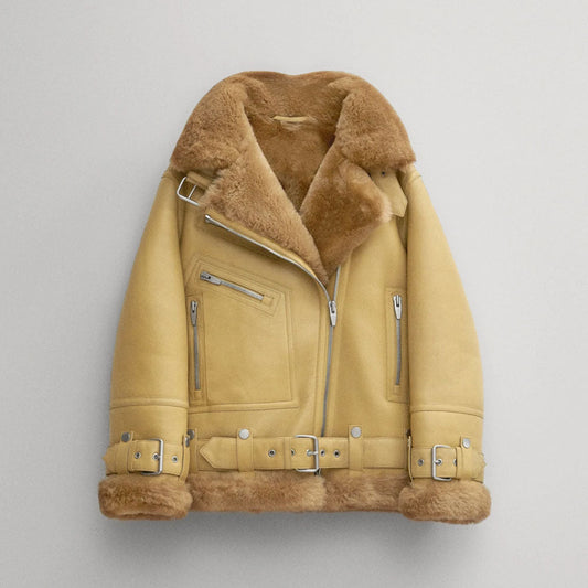 Women Light Brown RAF Aviator  Styled Sheepskin Shearling Leather Jacket