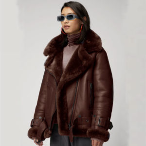Women’s Brown Aviator Styled Sheepskin Shearling Leather Jacket