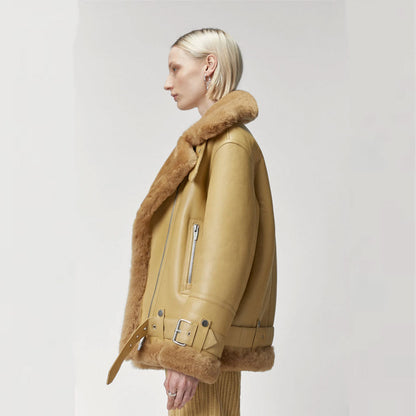 Women Light Brown RAF Aviator  Styled Sheepskin Shearling Leather Jacket
