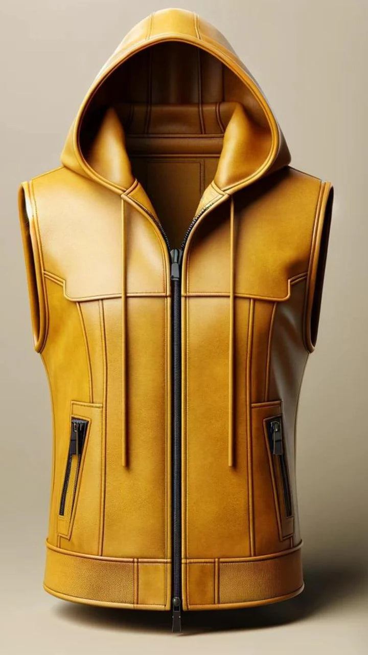 Yellow leather vest with a hood on a neutral background