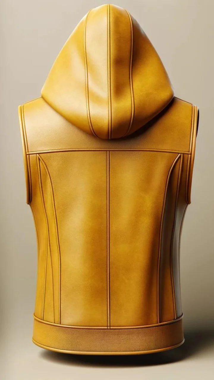 Yellow leather vest with hood on a beige background
