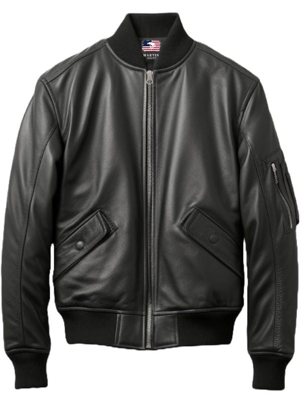 Black Bomber Leather Jacket Men - Black Leather Jacket