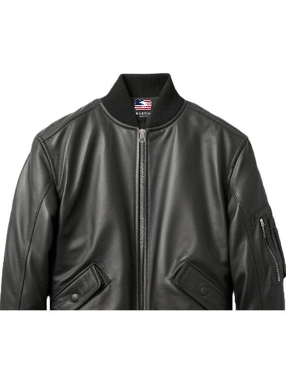 Black Bomber Leather Jacket Men - Black Leather Jacket