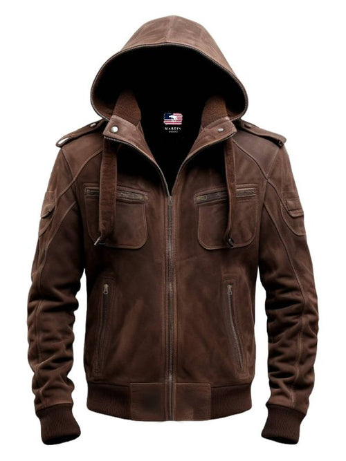 Brown Slim fit Suede Hooded Leather Jacket