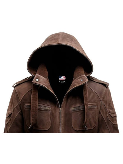 Brown Slim fit Suede Hooded Leather Jacket