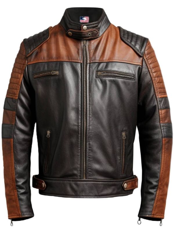 Men Brown Black Leather Jacket - Mens Brown Leather Biker Jacket