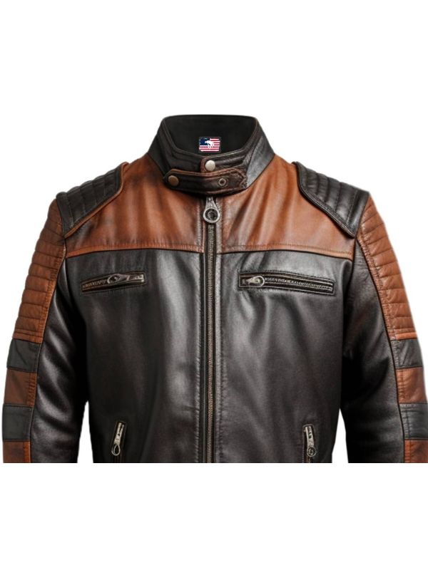 Men Brown Black Leather Jacket - Mens Brown Leather Biker Jacket