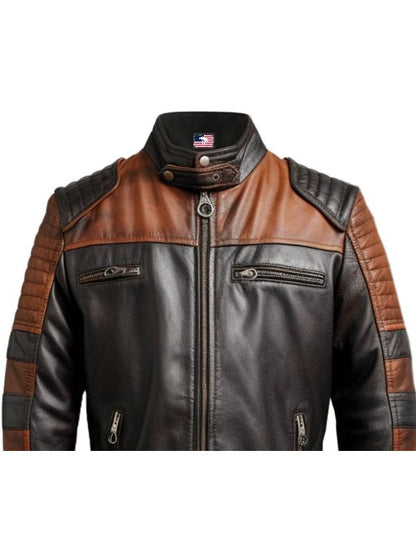 Men Brown Black Leather Jacket - Mens Brown Leather Biker Jacket