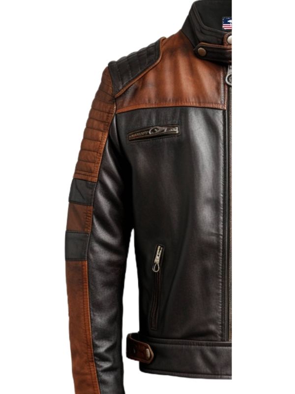 Men Brown Black Leather Jacket - Mens Brown Leather Biker Jacket