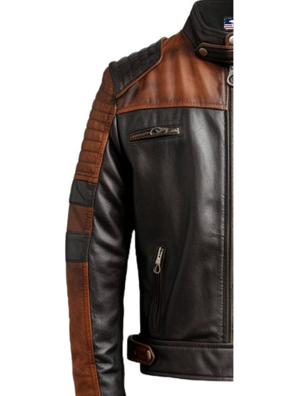 Men Brown Black Leather Jacket - Mens Brown Leather Biker Jacket