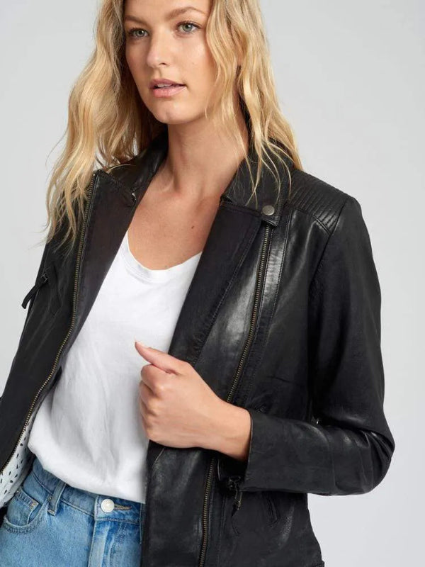 Women's Quilted Shoulder Black Cafe Race Leather Jacket
