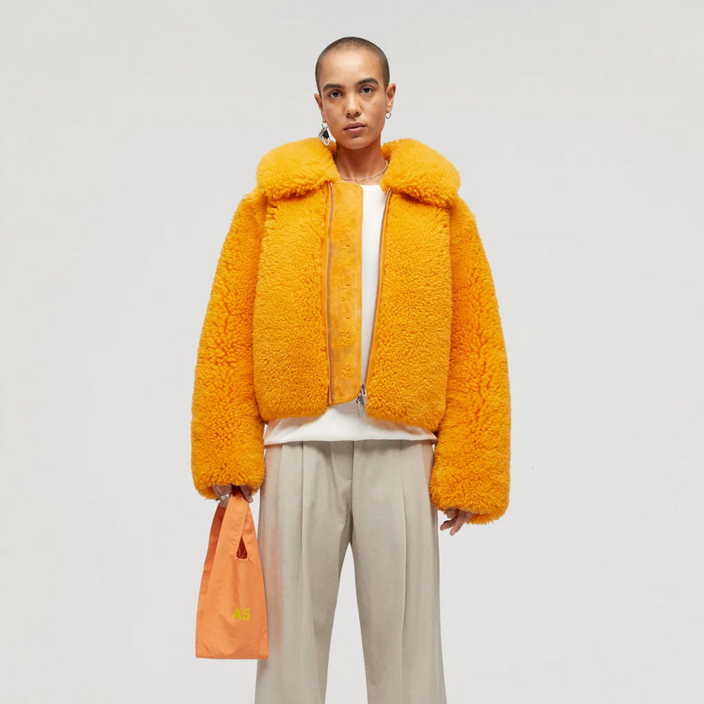Women’s Orange Winter Fox Fur Shearling Leather Jacket