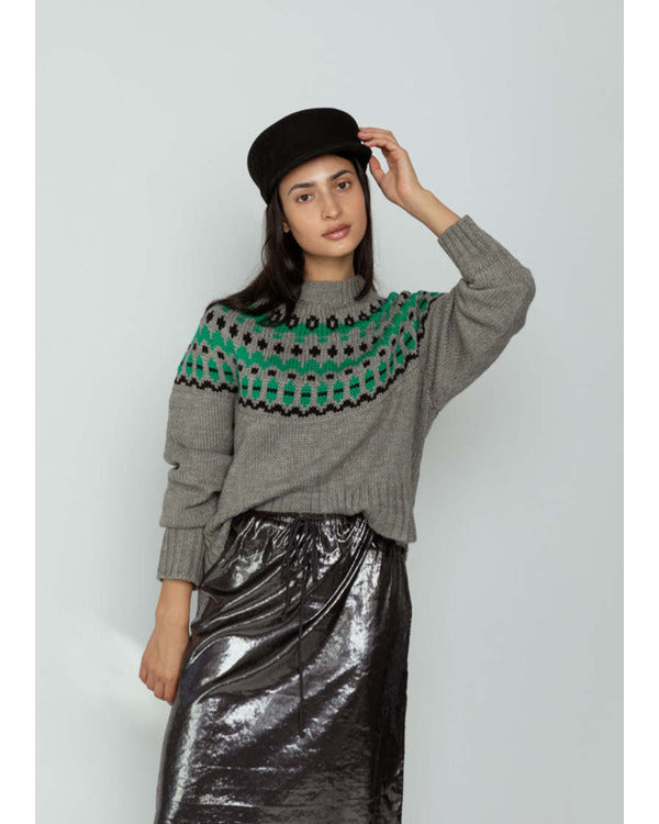 The Four Seasons 2025 Tina Fey Grey & Green Fair Isle Sweater