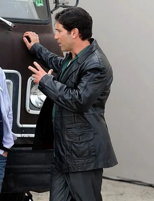 Jon Bernthal Many Saints of Newark Men's Black Leather Trench Coat — angled side view