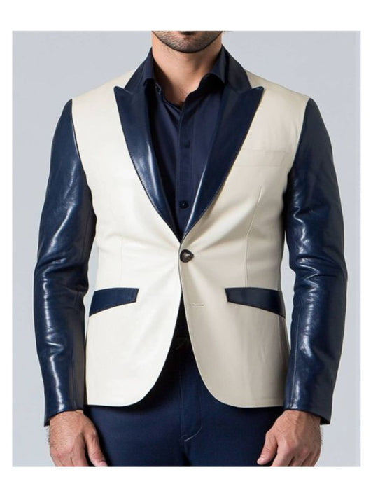 Leo White & Blue Leather Blazer - Leather Blazer for Men White & Blue