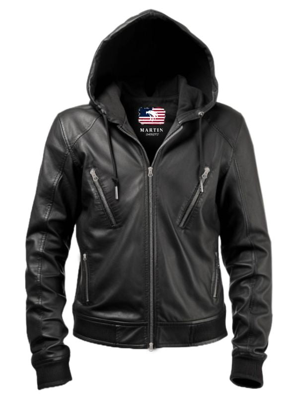 Men Black Hooded Leather Jacket - Hooded Black Jacket
