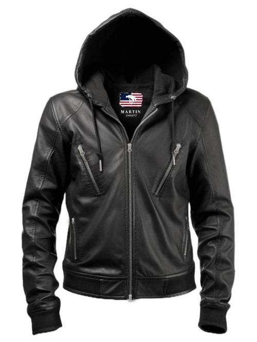 Men Black Hooded Leather Jacket - Hooded Black Jacket