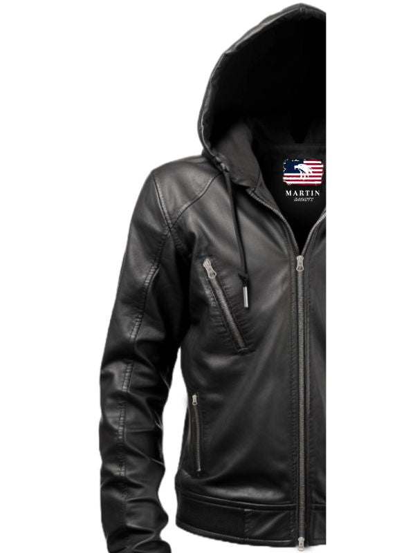 Men Black Hooded Leather Jacket - Hooded Black Jacket
