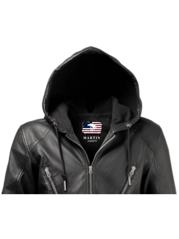 Men Black Hooded Leather Jacket - Hooded Black Jacket