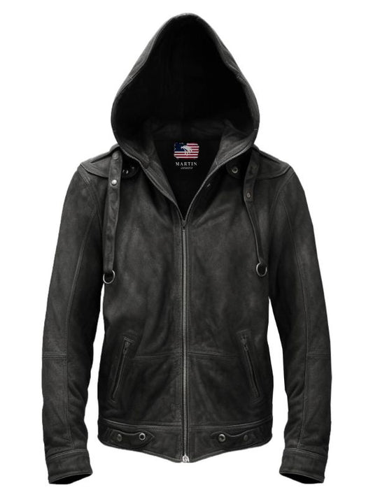 Men Black Hooded Suede Leather Jacket