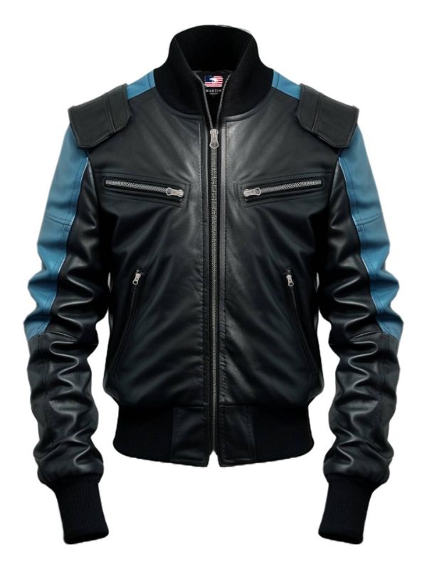 Men Bomber Leather Jacket - Blue Black Bomber Jacket