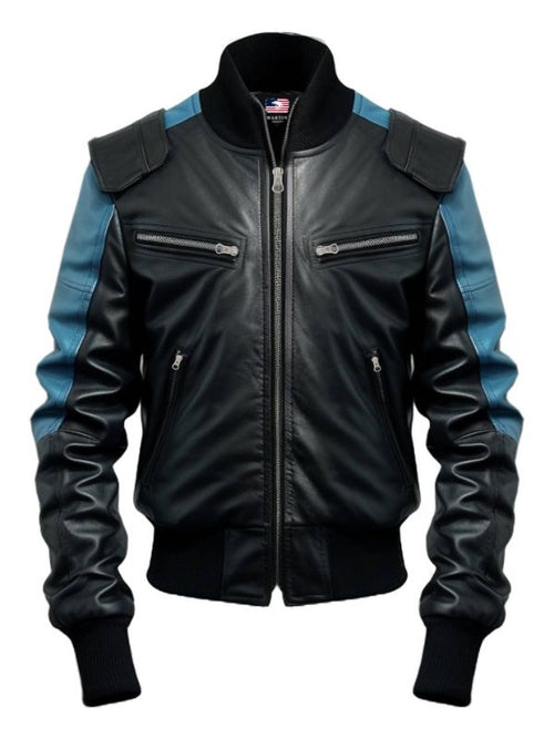 Men Bomber Leather Jacket - Blue Black Bomber Jacket