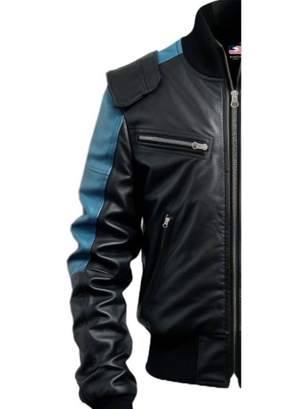 Men Bomber Leather Jacket - Blue Black Bomber Jacket