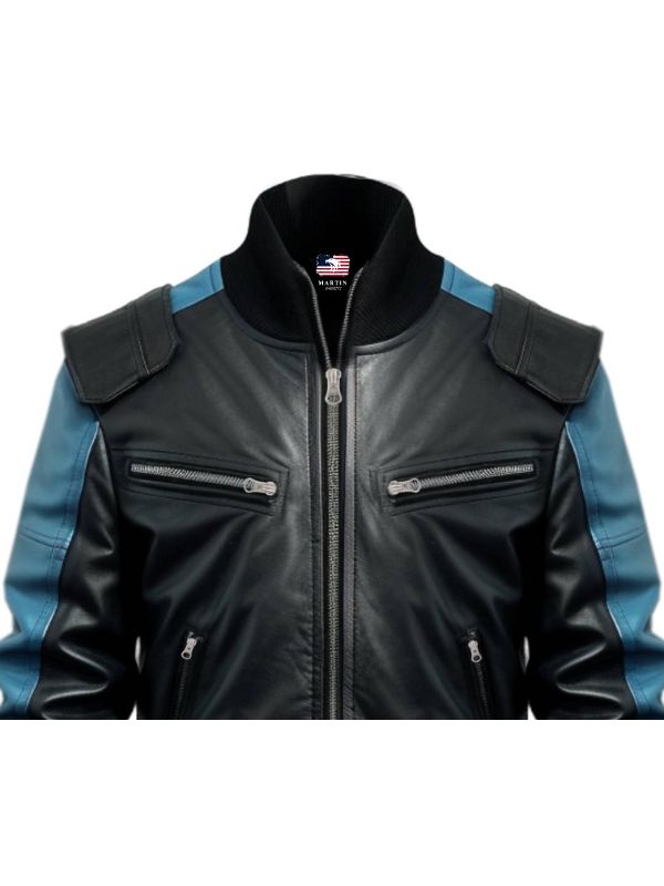 Men Bomber Leather Jacket - Blue Black Bomber Jacket
