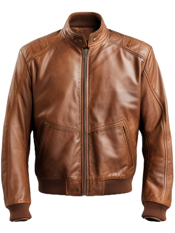 Men Brown Bomber Leather Jacket - Brown Bomber Leather Jacket