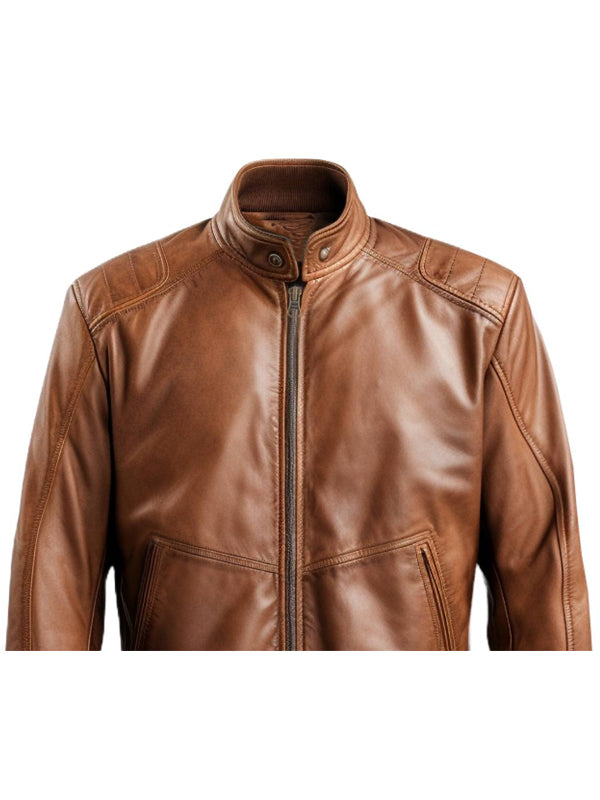 Men Brown Bomber Leather Jacket - Brown Bomber Leather Jacket