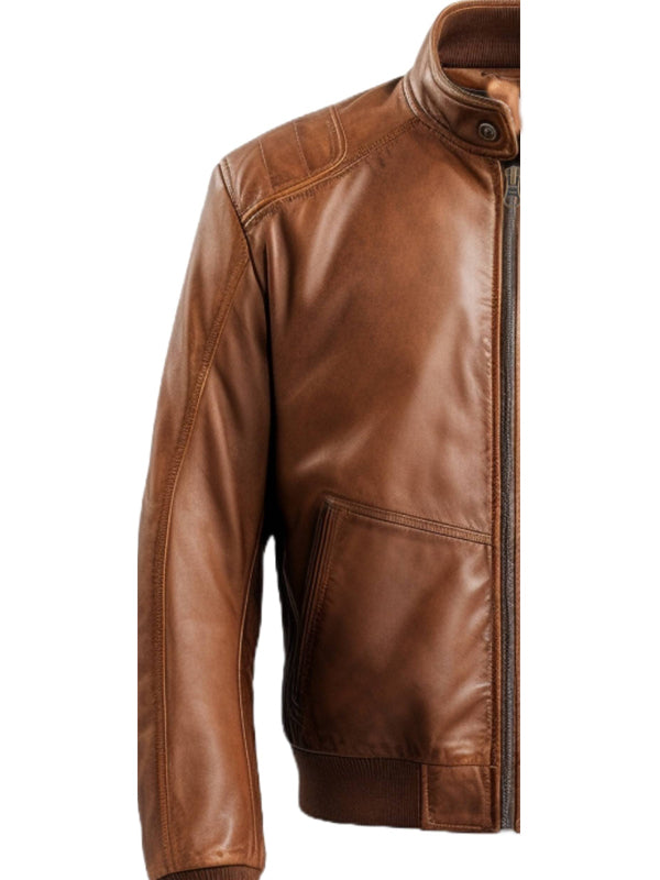 Men Brown Bomber Leather Jacket - Brown Bomber Leather Jacket