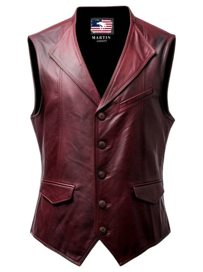 Men Burgundy Distressed Leather Vest