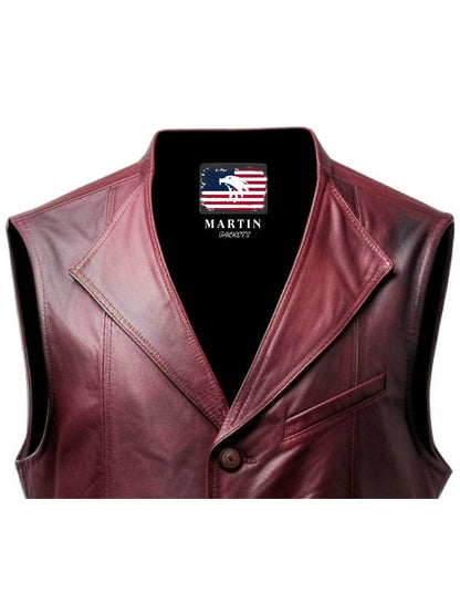 Men Burgundy Distressed Leather Vest